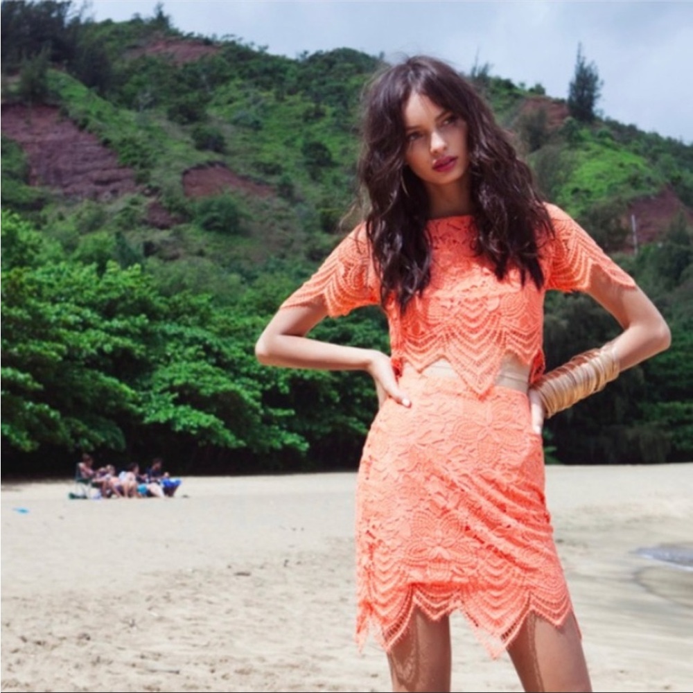 For Love & Lemons Orange Lace Luna Set in Guava Top XS Bottoms S